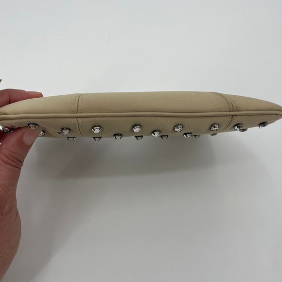 Kate Landry Rhinestones Cocktail Tan Purse Clutch Handle Grommets Strap Retro - Picture 6 of 14